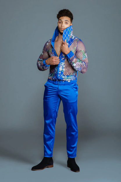 SOLD! Blue Satin Floral Two-Piece Suit