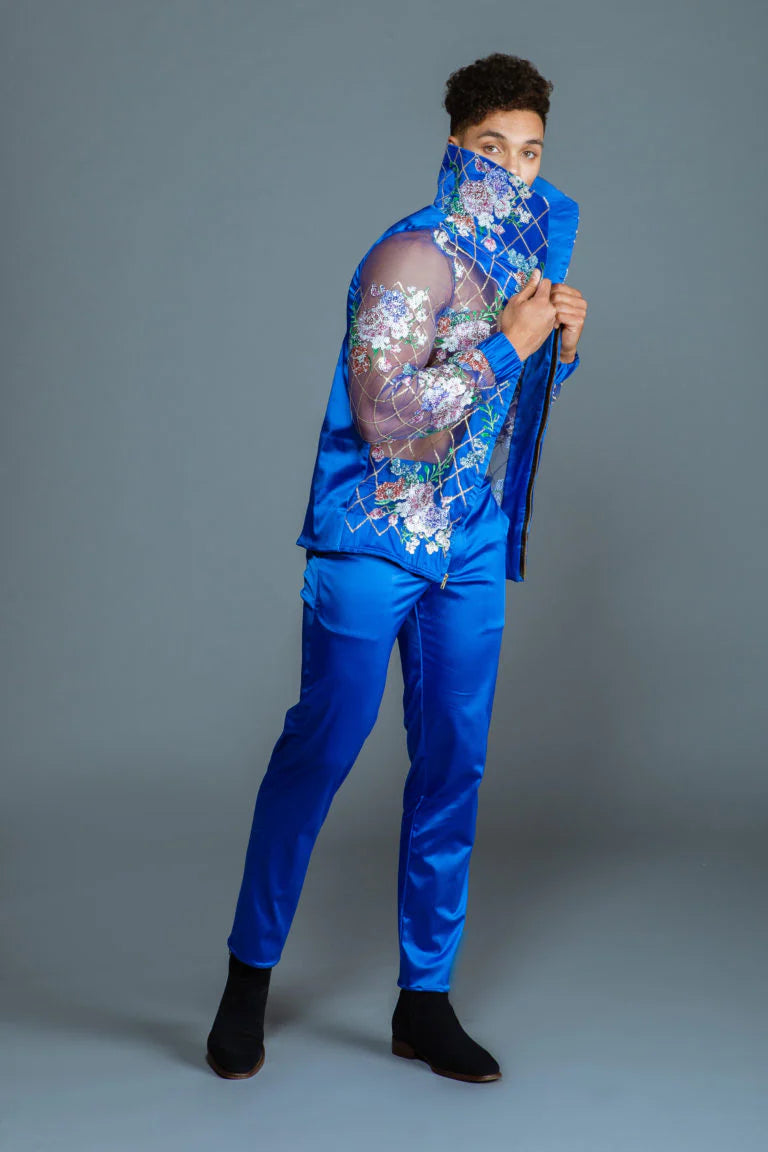 SOLD! Blue Satin Floral Two-Piece Suit