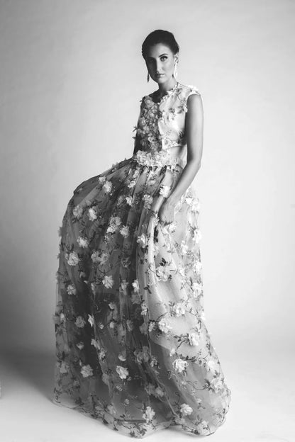 SOLD! Cream Floral Tulle Gown w/Cape