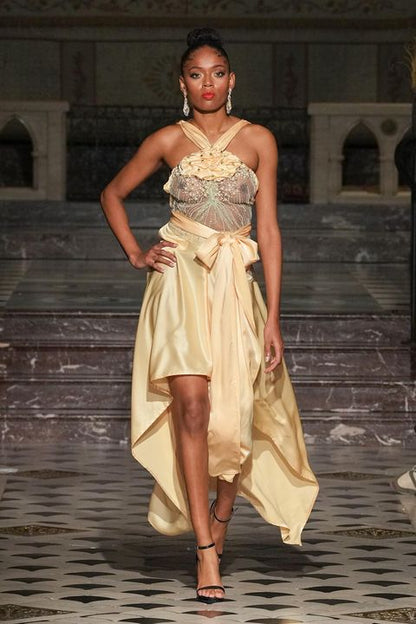 gold high low dress Teri Jon Cut Away Criss Cross Gown- Gold