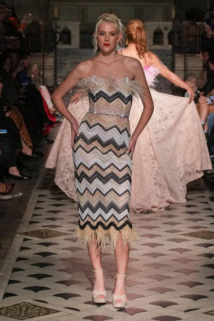 Chevron Sheath Cocktail Dress w/Feathers
