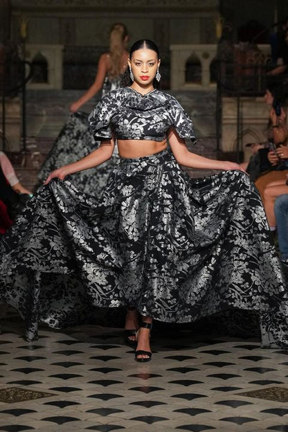 Black Metallic Silver Floral Two-Piece Gown