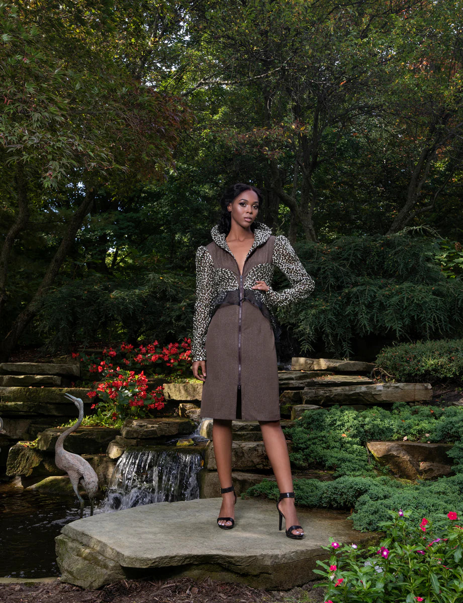 Brown Pinstripe Autumn Sheath Dress