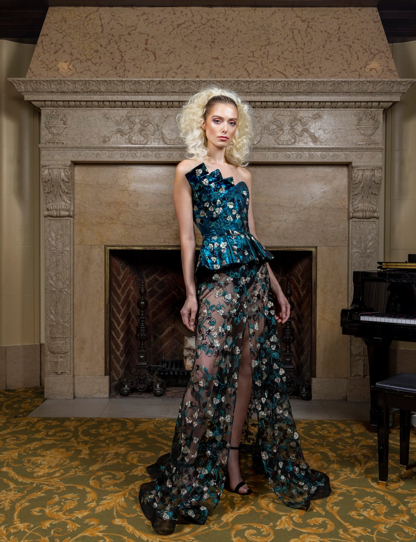 Teal Floral Strapless Peplum Dress