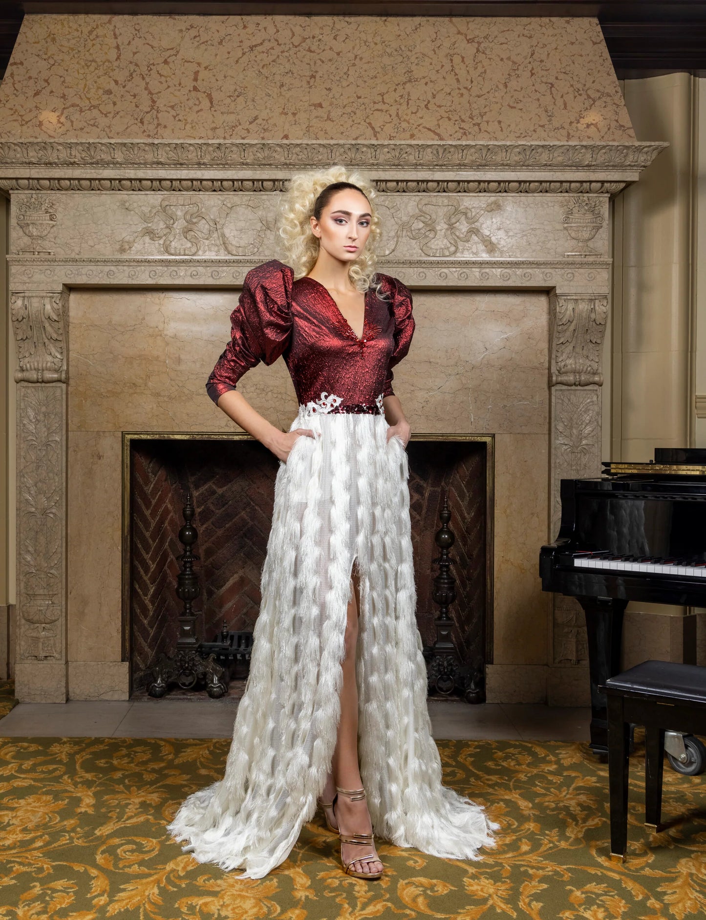 Red Crinkle and White Fringe Dress